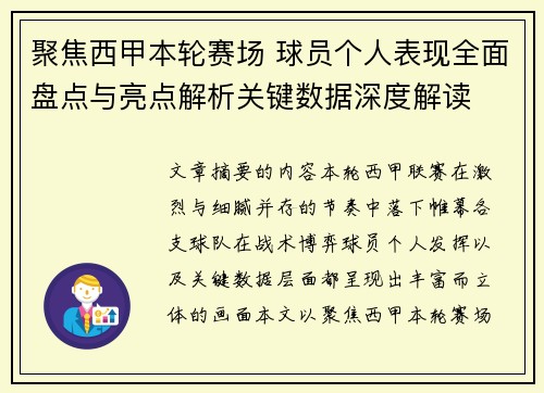 聚焦西甲本轮赛场 球员个人表现全面盘点与亮点解析关键数据深度解读