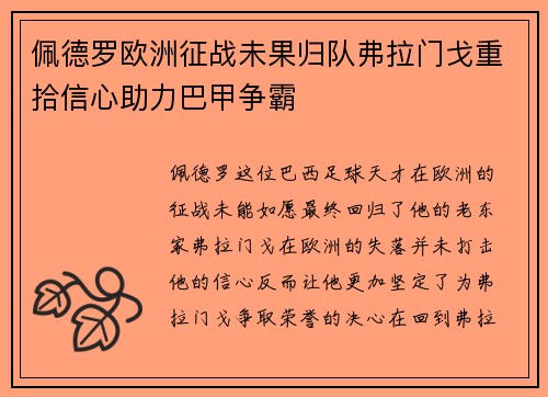 佩德罗欧洲征战未果归队弗拉门戈重拾信心助力巴甲争霸