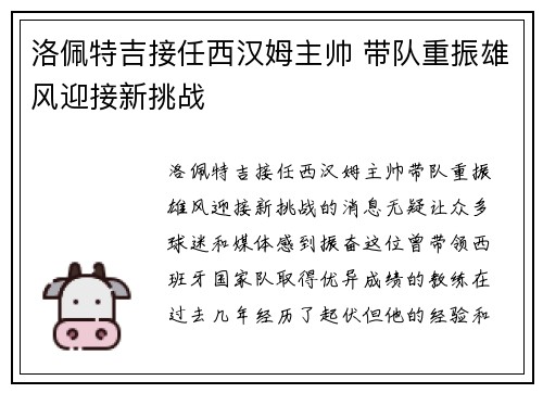 洛佩特吉接任西汉姆主帅 带队重振雄风迎接新挑战